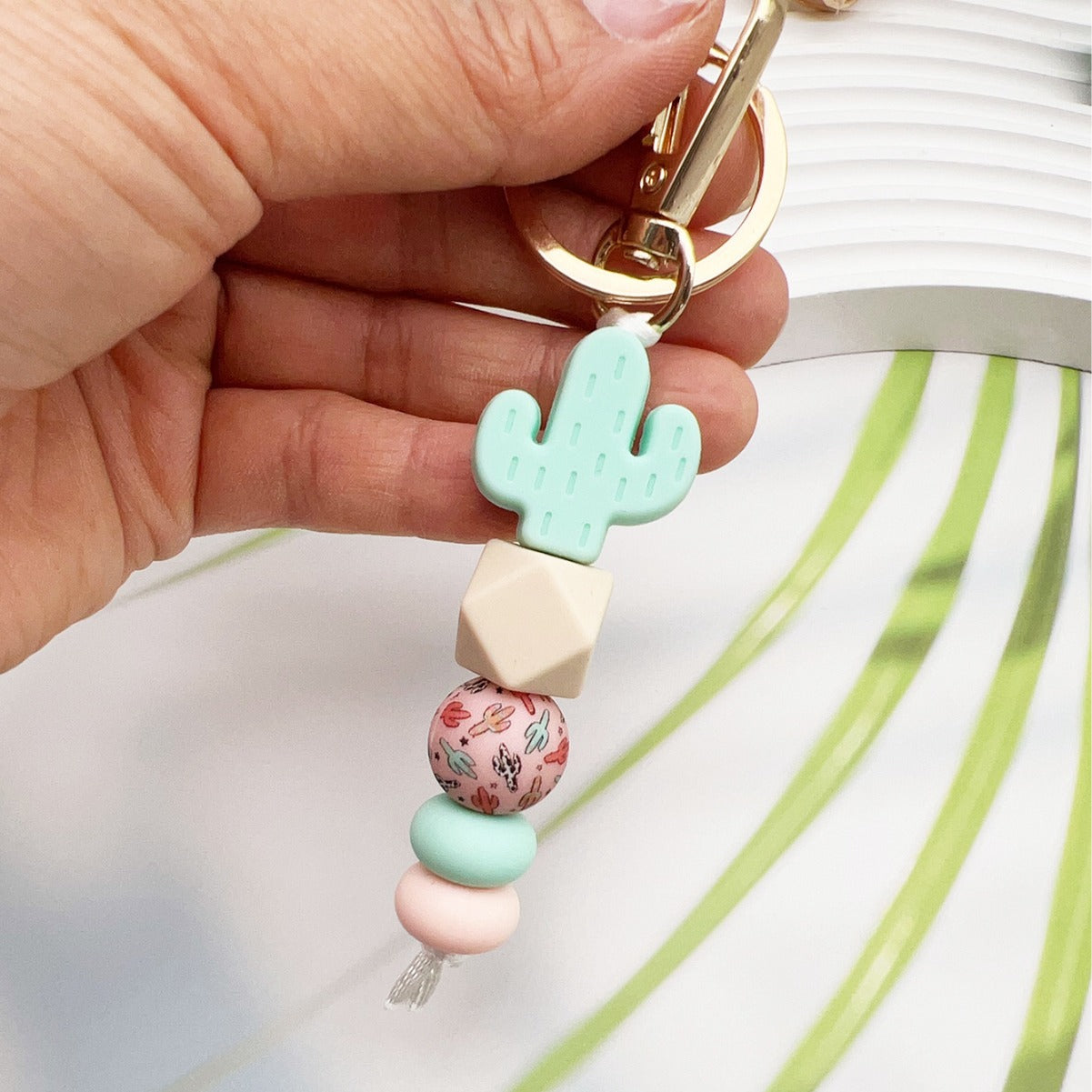 Wholesale Silicone Cactus Printed Silicone Beads Beaded Keychain Bag Key